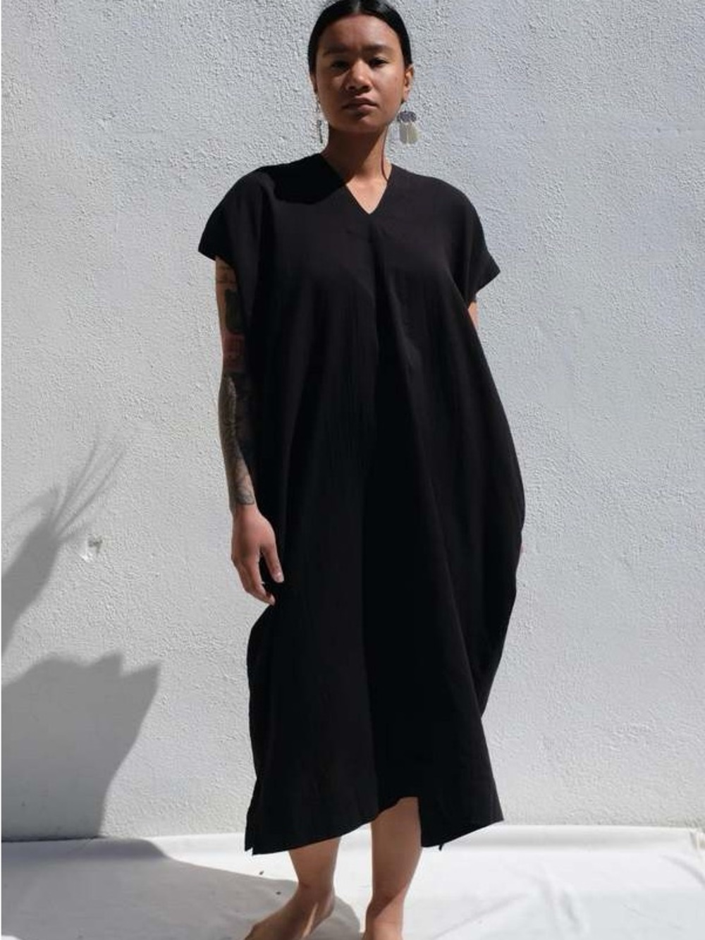 Atelier Delphine Crescent Dress Long Black Crinkle Gauze Cotton Japan Lagenlook